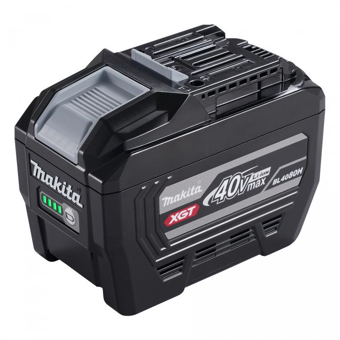 Makita BL4080H 40Vmax XGT 8.0Ah High Power Battery product image, shown at an angle with charge-level indicator, cooling vents, and slide-on mounting rails.