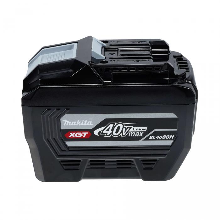 Makita 40Vmax XGT 8.0Ah High Power Battery shown from the side with slide-on mounting rails, cooling vents, release latch, and BL4080H label.