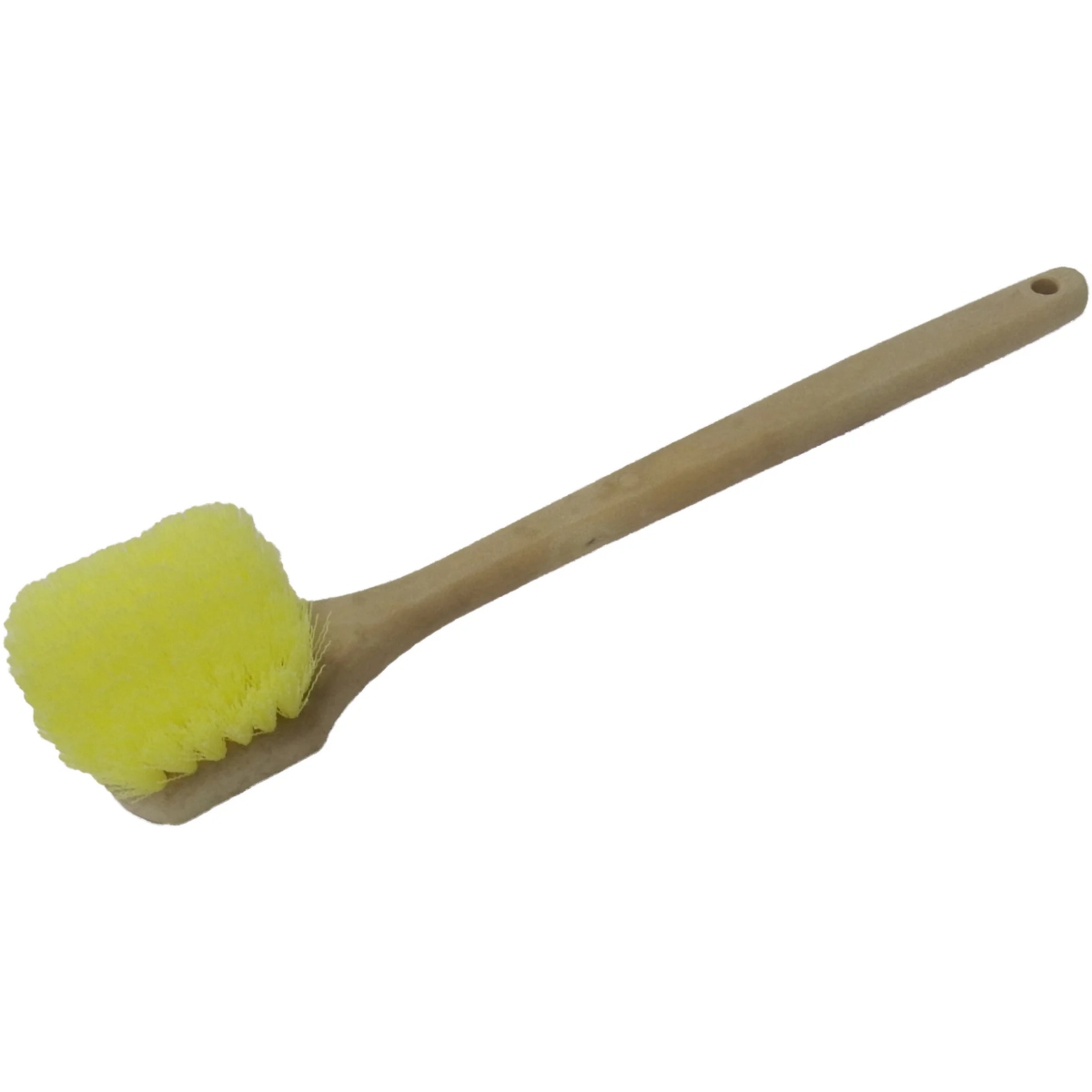 Circle Brand CB18002 long handle scrub brush with 3" × 4" yellow plastic bristle scrubbing head for cleaning drywall tools, buckets, and pails.
