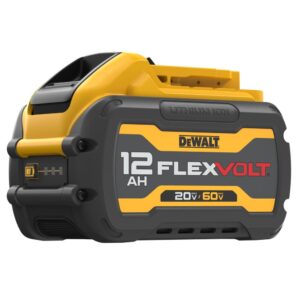 DEWALT DCB6112 20V/60V MAX FLEXVOLT 12Ah battery product image, side view showing LED fuel gauge and dual-voltage label