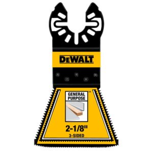 DEWALT DWA4283B 2-1/8-inch 3-sided oscillating blade product image, showing the Universal Fitment connection and cutting teeth along three edges.