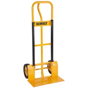 DEWALT DXWT-506LS P-handle hand truck product image with yellow steel frame, wide load plate and two puncture-proof wheels on a white background