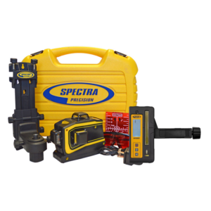 SPECTRA LT56-2 3-plane cross-line laser kit product image, showing the LT56 laser, HR1220 receiver, magnetic bracket, laser target, rod clamp, and carrying case.