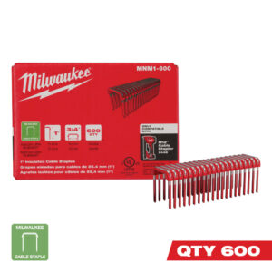 Milwaukee MNM1-600 1″ insulated cable staples, showing the 600-count box and a collated strip of staples, product image.