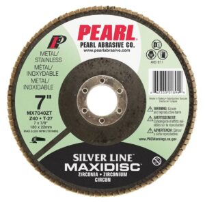PEARL Silver Line MAXIDISC 7-inch x 7/8-inch 40-grit zirconia flap disc product image, shown from the front with Type 27 profile, metal and stainless steel rating, and 8,500 RPM maximum speed.
