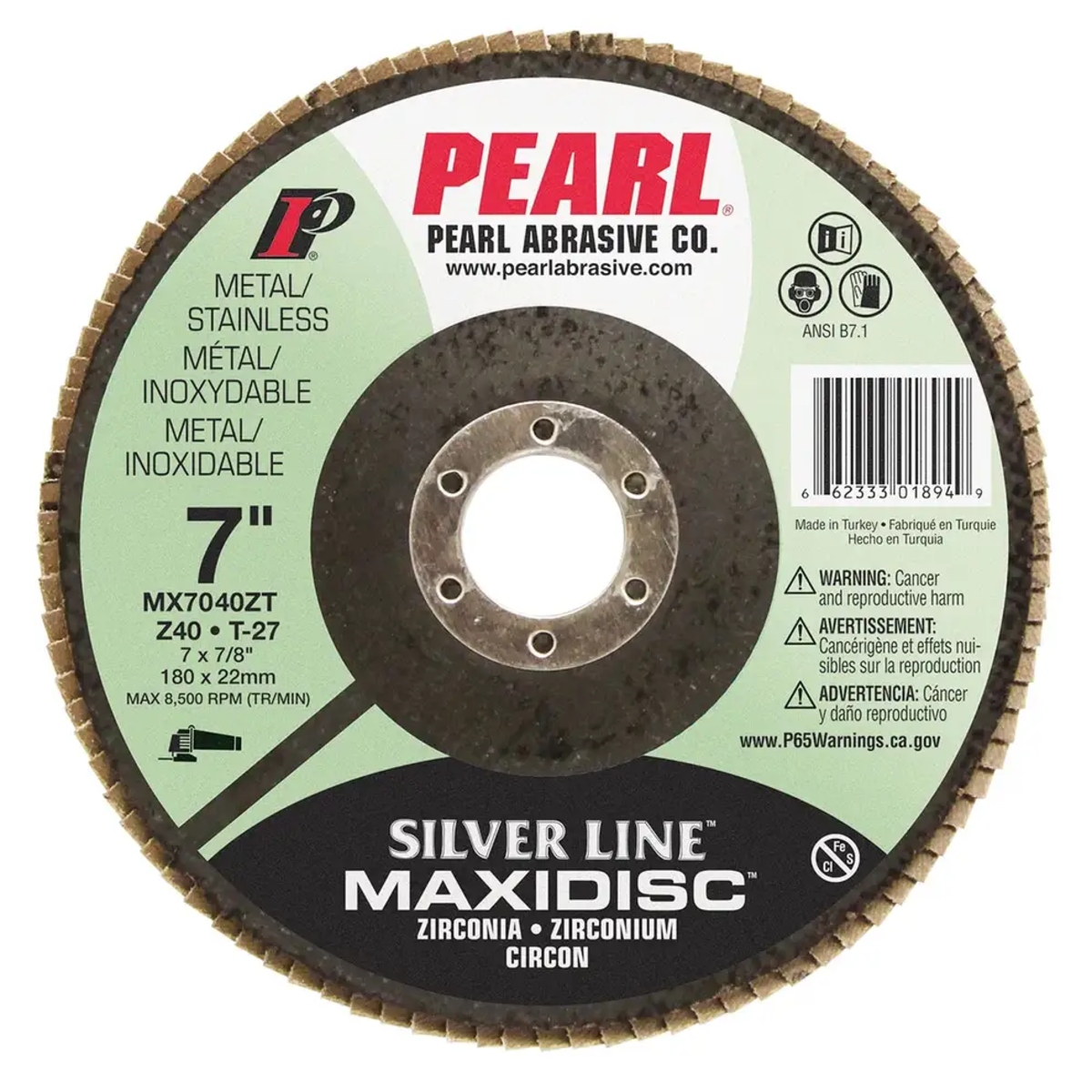 PEARL Silver Line MAXIDISC 7-inch x 7/8-inch 40-grit zirconia flap disc product image, shown from the front with Type 27 profile, metal and stainless steel rating, and 8,500 RPM maximum speed.