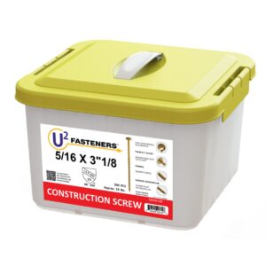 U2 S20103125B 5/16" x 3-1/8" Construction Screws 500/Box product image showing a white plastic storage pail with a yellow hinged lid and U2 Fasteners label.