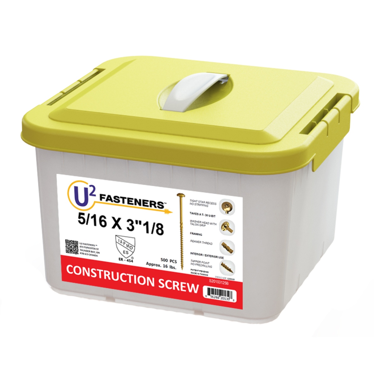 U2 S20103125B 5/16" x 3-1/8" Construction Screws 500/Box product image showing a white plastic storage pail with a yellow hinged lid and U2 Fasteners label.