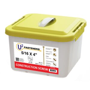 U2 S20104000B 5/16″ x 4″ construction screws in a 400-count bulk pail with yellow lid, product image.