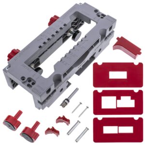 MILESCRAFT 1229 HingeJigPLUS door hinge, latch and strike plate jig with self-clamping body, routing templates, bearing-guided router bit, radius inserts, backset plugs and frame indexing pins
