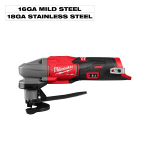 MILWAUKEE 2487-20 M12 FUEL 16 Gauge Scroll Shear product image, side view highlighting cutting capacity for 16-gauge mild steel and 18-gauge stainless steel