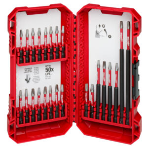 MILWAUKEE 48-32-5126 SHOCKWAVE 24-piece Robertson impact driver bit set in open storage case, showing SQ1, SQ2 and SQ3 bits in multiple lengths