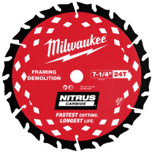 MILWAUKEE 48-41-0750 7-1/4" 24T NITRUS Carbide Framing & Demolition Circular Saw Blade product image, showing carbide teeth, diamond venting and 5/8" arbor with diamond knockout