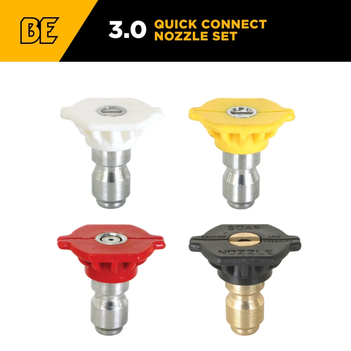 BE 3.0 quick-connect pressure washer nozzle set showing the colour-coded 0°, 15°, 40° and soaper tips