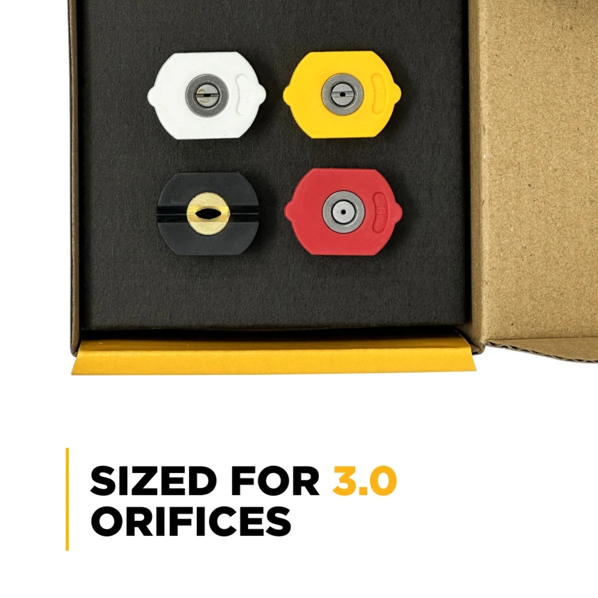 BE pressure washer nozzle set in protective packaging showing four colour-coded tips sized for 3.0 orifices