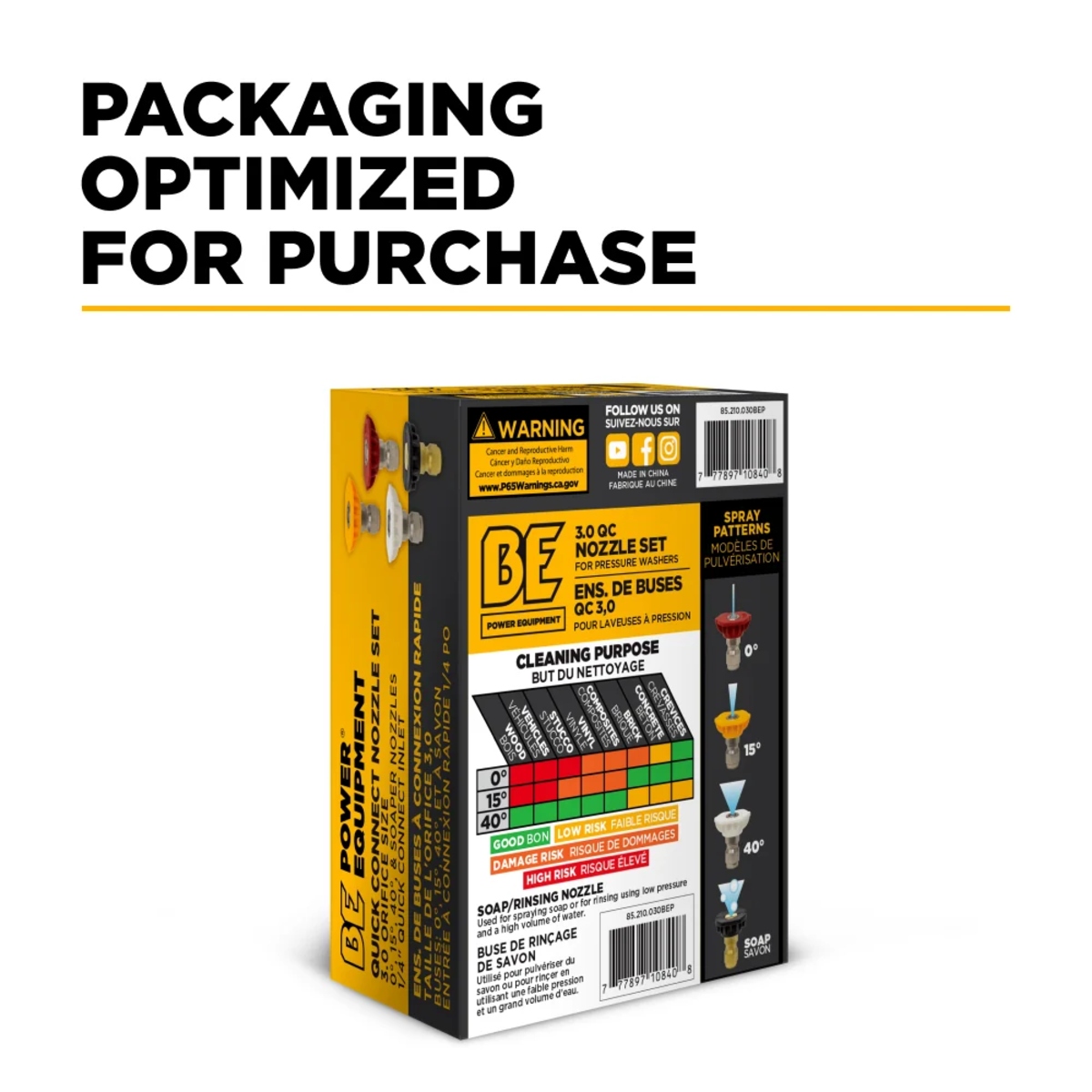 BE 3.0 pressure washer nozzle set retail packaging showing the four spray patterns and surface cleaning guide