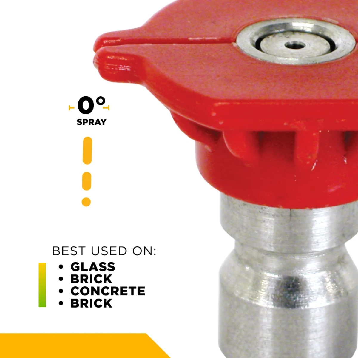 Close-up of the red 0° pressure washer nozzle showing its concentrated straight-stream spray pattern