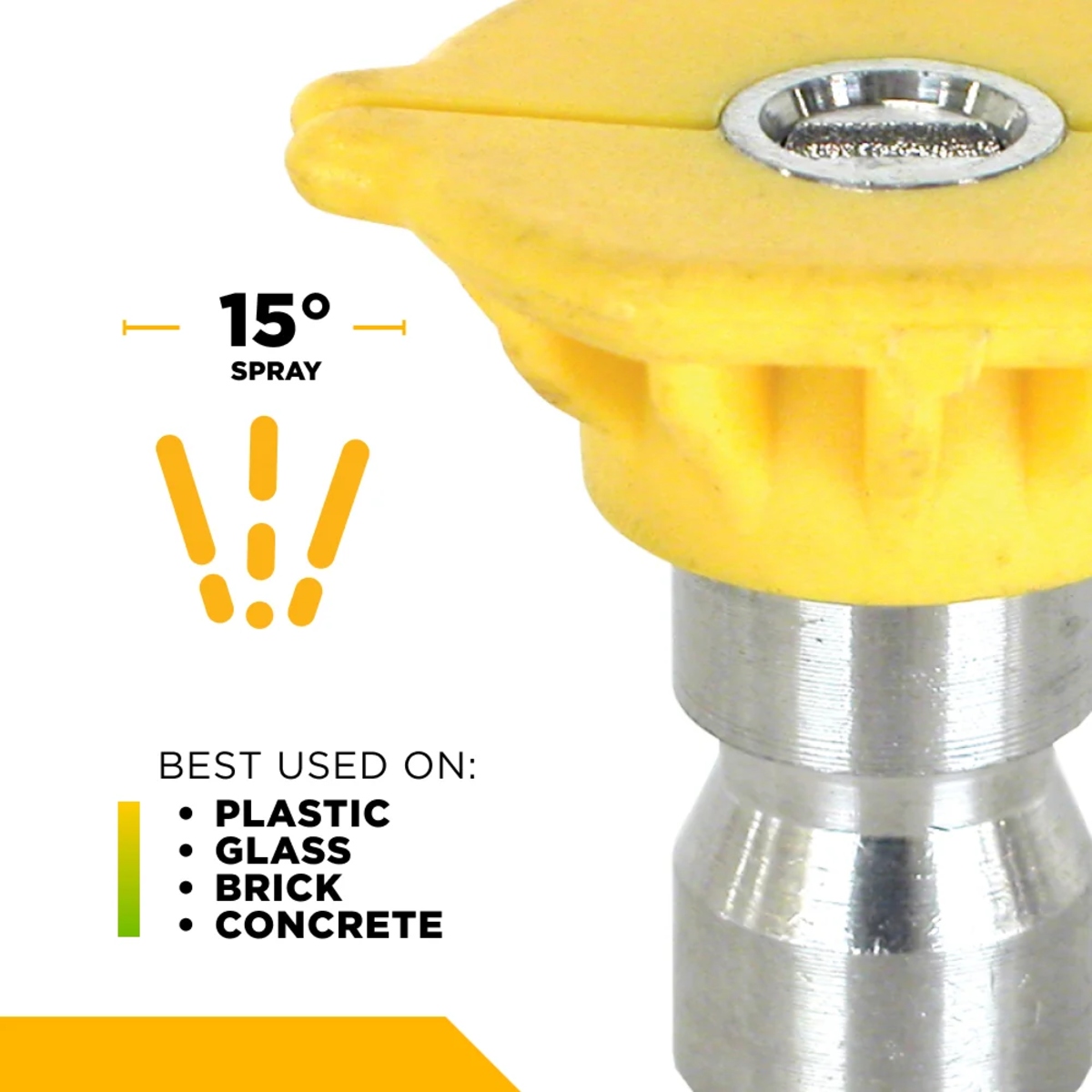 Close-up of the yellow 15° pressure washer nozzle showing its narrow fan spray pattern