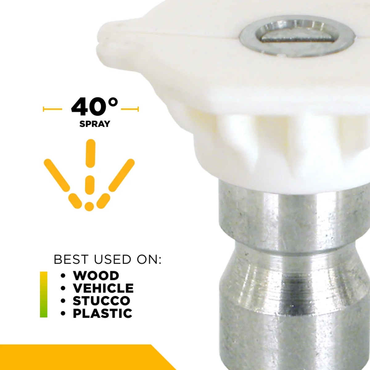 Close-up of the white 40° pressure washer nozzle showing its wide fan spray pattern