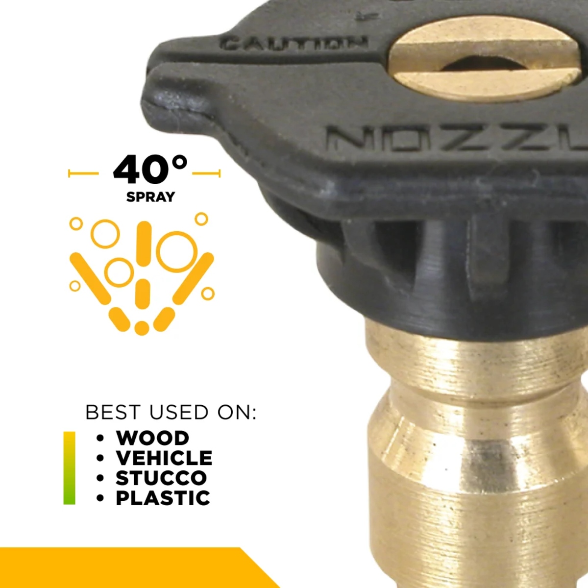 Close-up of the black low-pressure soaper nozzle showing its wide detergent spray pattern