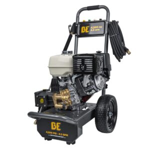 BE B4213HA 4,200 PSI 4.2 GPM gas pressure washer product image, front three-quarter view with Honda engine, triplex pump, hose and flat-free tires