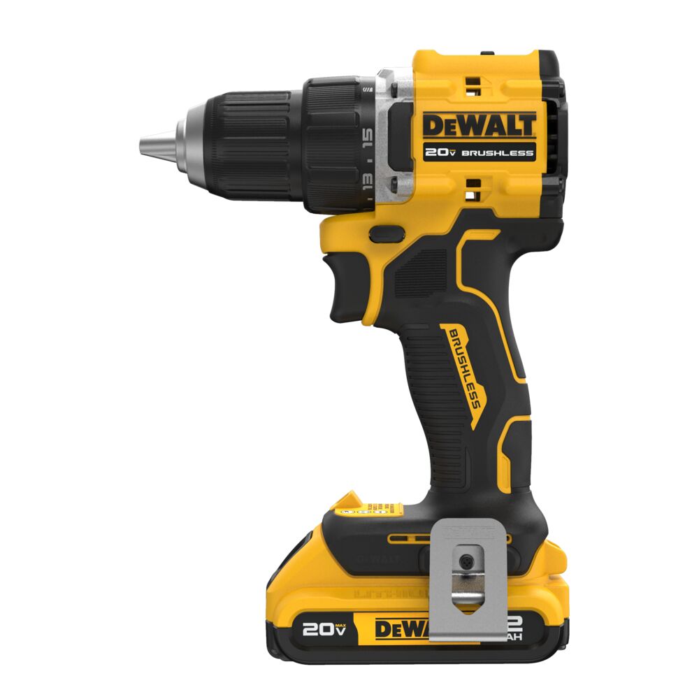 DEWALT ATOMIC 20V MAX Brushless 1/2″ Drill/Driver side view with 2.0Ah battery and belt hook