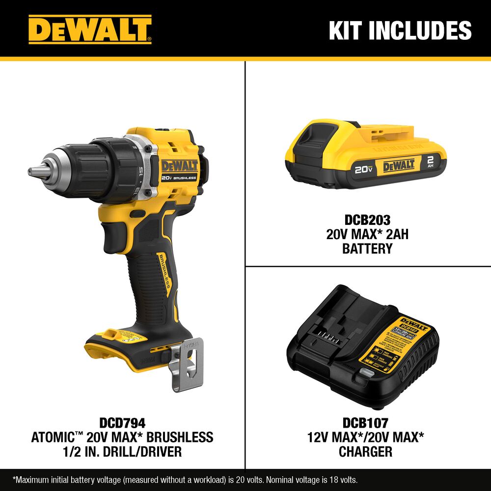 DEWALT ATOMIC Drill/Driver Kit contents including DCD794 drill, DCB203 2.0Ah battery and DCB107 charger