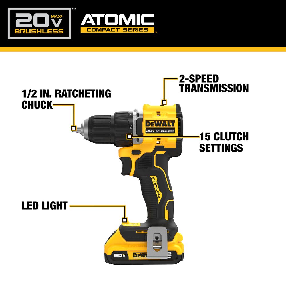 DEWALT ATOMIC Brushless Drill/Driver Kit features including a 1/2″ ratcheting chuck, two-speed transmission, 15 clutch settings and LED light
