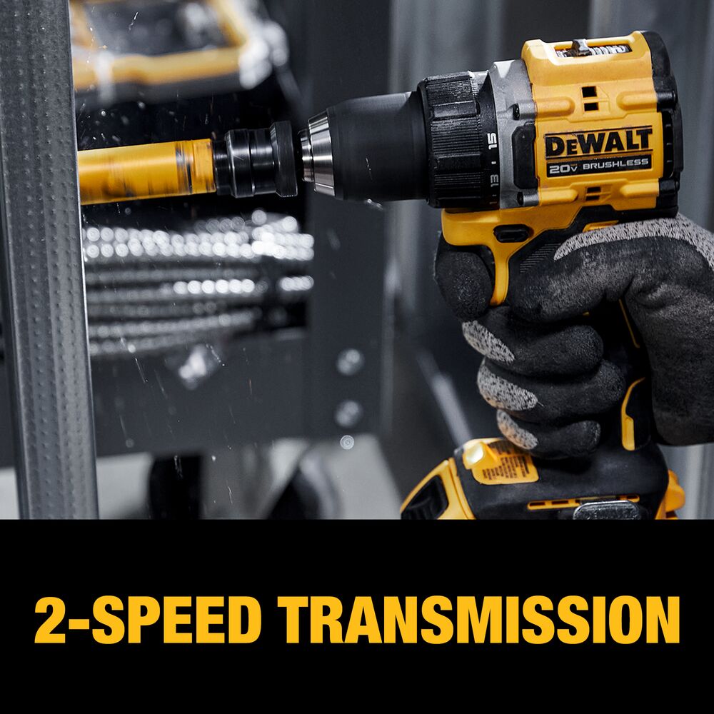 Worker using a DEWALT ATOMIC 20V MAX Brushless Drill/Driver with two-speed transmission to drill into metal
