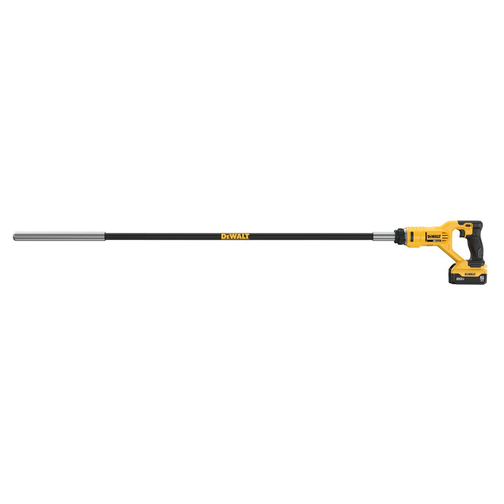 DEWALT 20V MAX Pencil Vibrator with 5Ah battery and 4 ft flexible shaft shown from the side