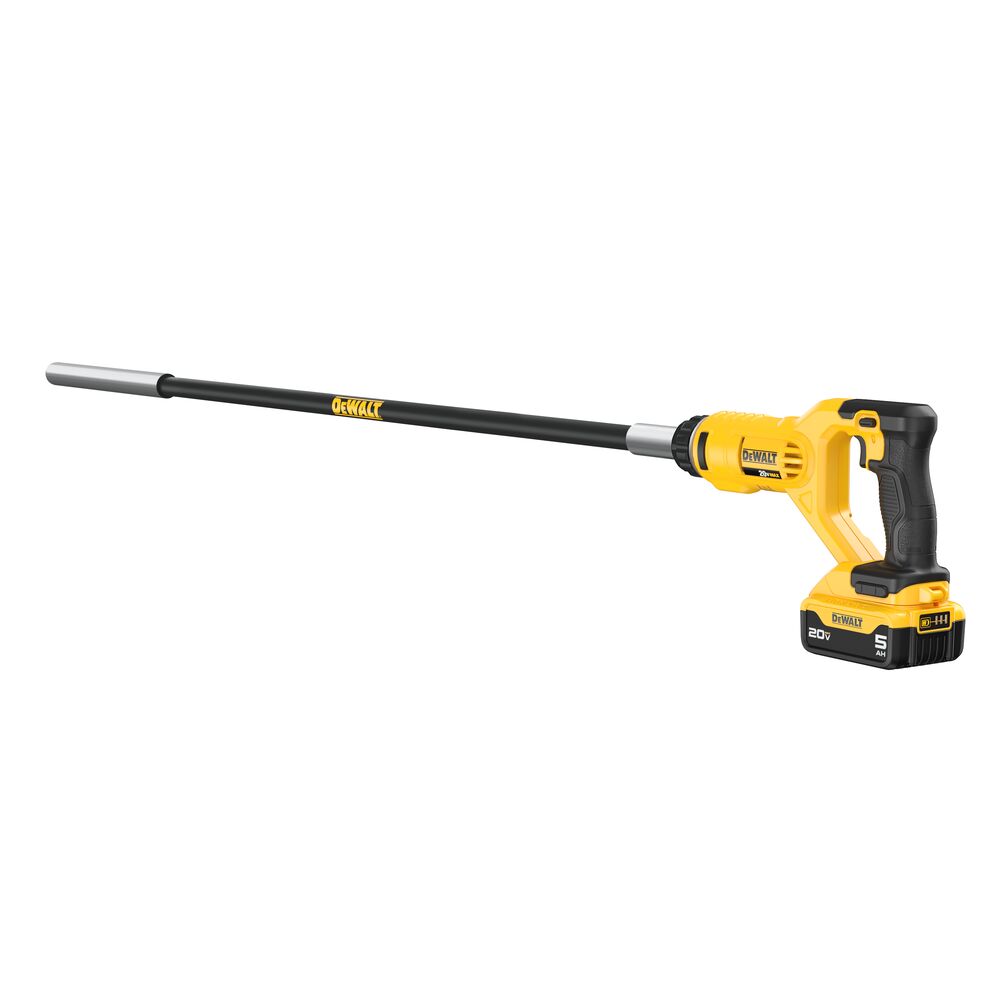 DEWALT 20V MAX Pencil Vibrator with 5Ah battery and flexible shaft shown from an angled side view