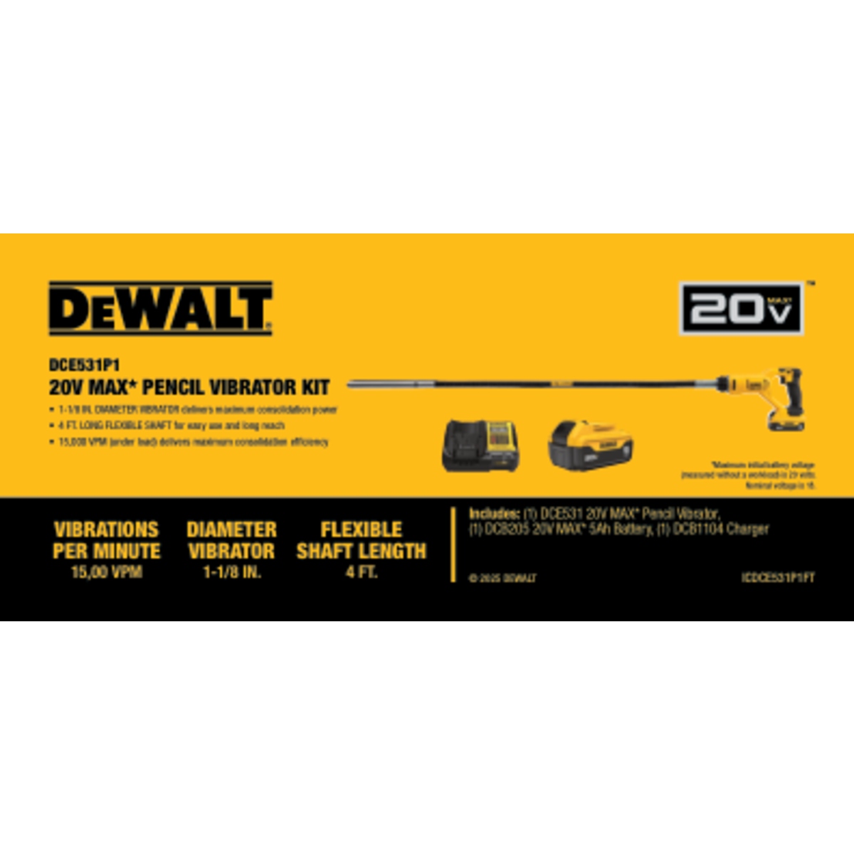 DEWALT 20V MAX Pencil Vibrator Kit infographic showing the tool, 5Ah battery, charger and key specifications