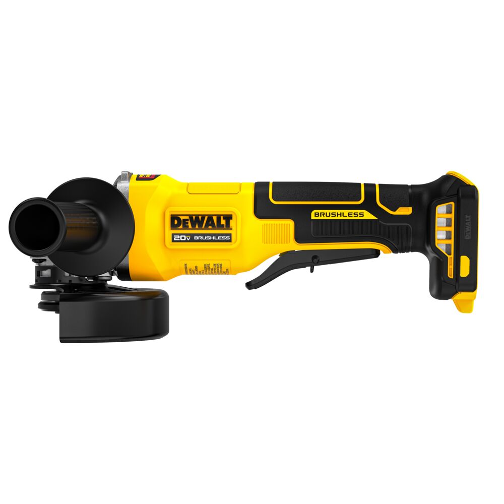 DEWALT 20V MAX Brushless Paddle-Switch Grinder side view showing the paddle switch, side handle and guard