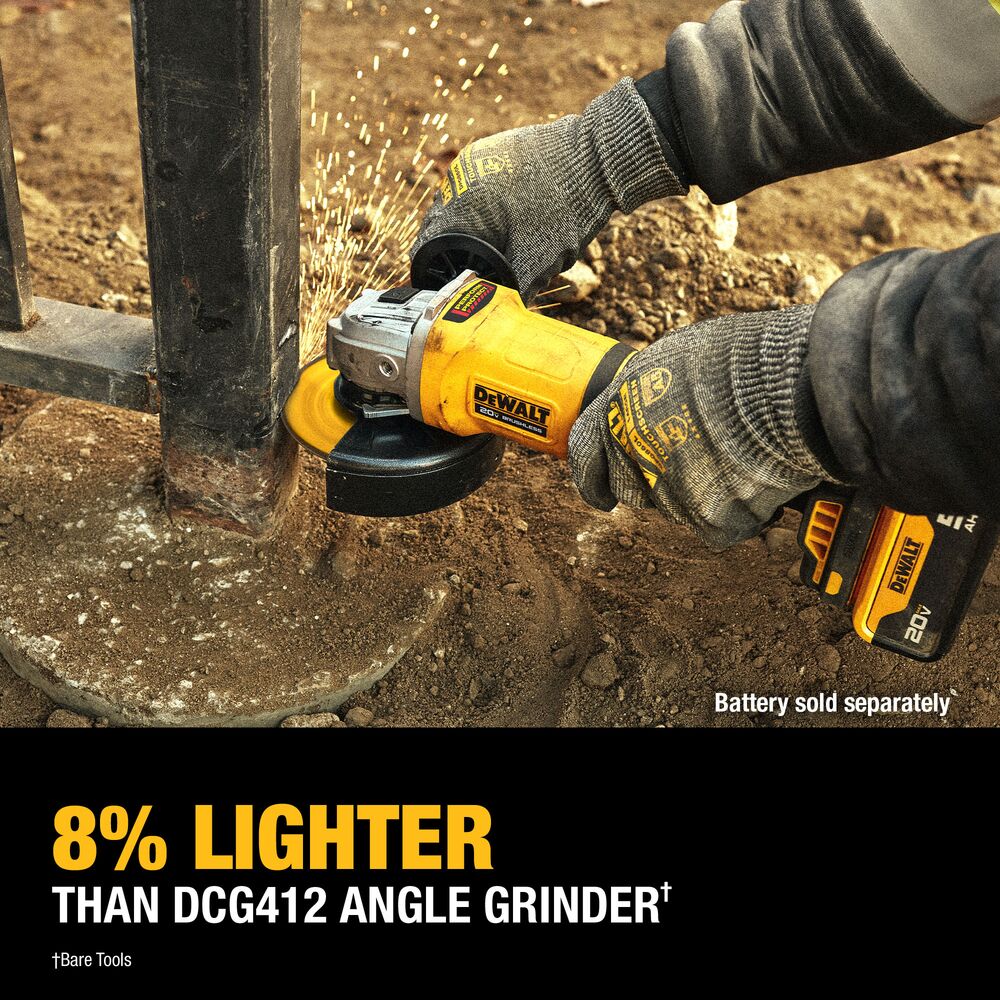 Worker using a DEWALT 20V MAX Brushless Paddle-Switch Grinder to grind a steel post, highlighting its lighter tool weight