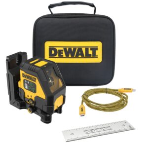 DEWALT DCLE14201GB USB Rechargeable Green Cross Line Laser Base Kit product image with storage case, USB-C cable and mounting plate