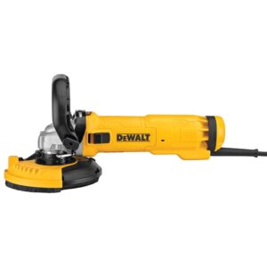 DEWALT DWE46155 13 Amp surface grinding dust shroud kit product image, side view showing grinder, bail handle and 5" dust shroud