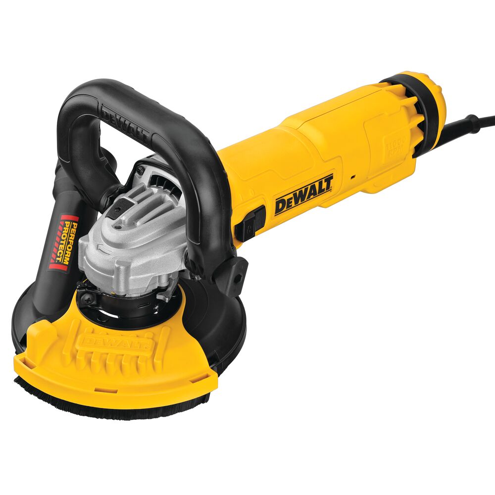 DEWALT DWE46155 surface grinding dust shroud kit product image, front three-quarter view showing 13 Amp grinder, bail handle and 5" dust shroud