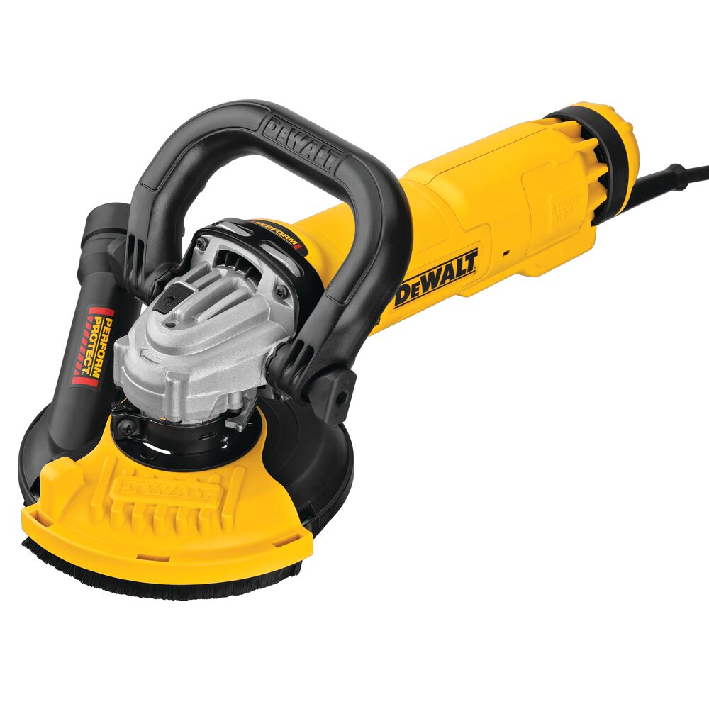 DEWALT DWE46155 surface grinding dust shroud kit product image, front three-quarter view showing 13 Amp grinder, bail handle, dust port and 5" shroud