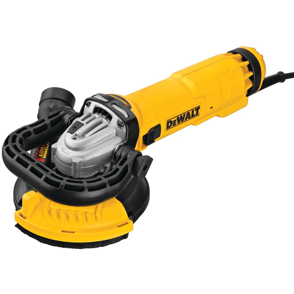 DEWALT DWE46155 surface grinding dust shroud kit product image, top three-quarter view showing 13 Amp grinder, bail handle, dust port and 5" grinding shroud