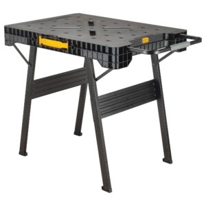 DEWALT DWST11556 Express Folding Workbench angled view showing the perforated work surface, metal legs and carrying handle product image
