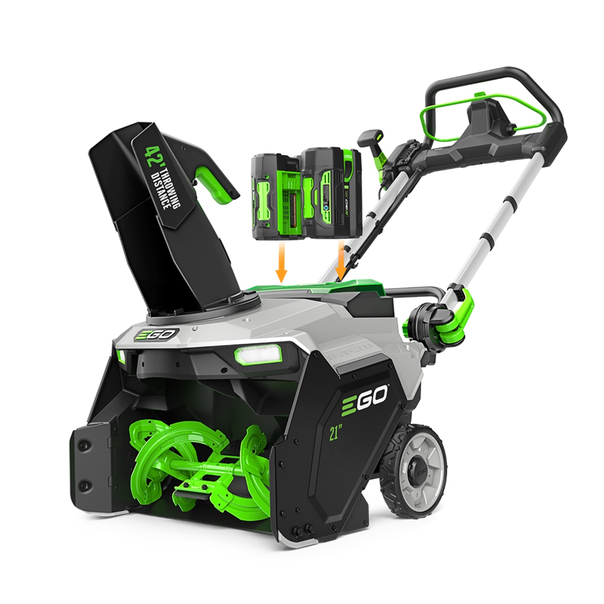 EGO POWER+ 21-inch snow blower showing two ARC Lithium batteries being installed in the dual battery ports.
