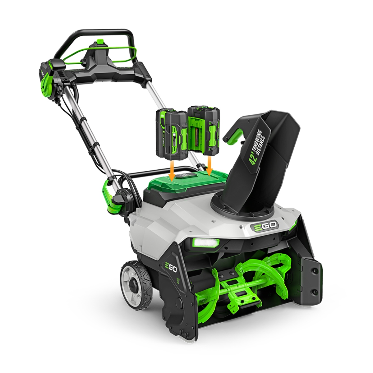 EGO POWER+ 21-inch snow blower showing two ARC Lithium batteries being installed in the dual battery ports.