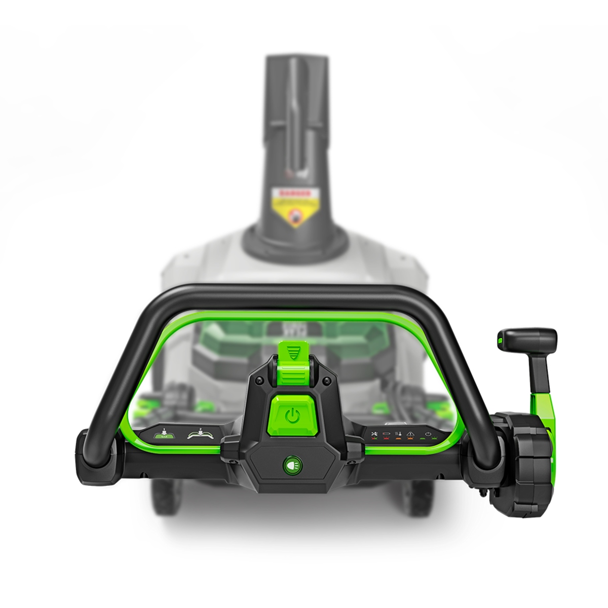 EGO POWER+ snow blower handle controls with push-button start, LED headlight control and chute adjustment lever.