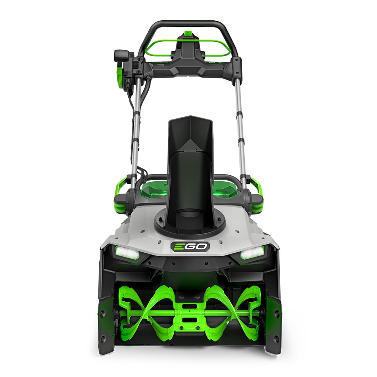 Front view of EGO POWER+ 21-inch snow blower showing the steel auger, discharge chute and LED headlights.