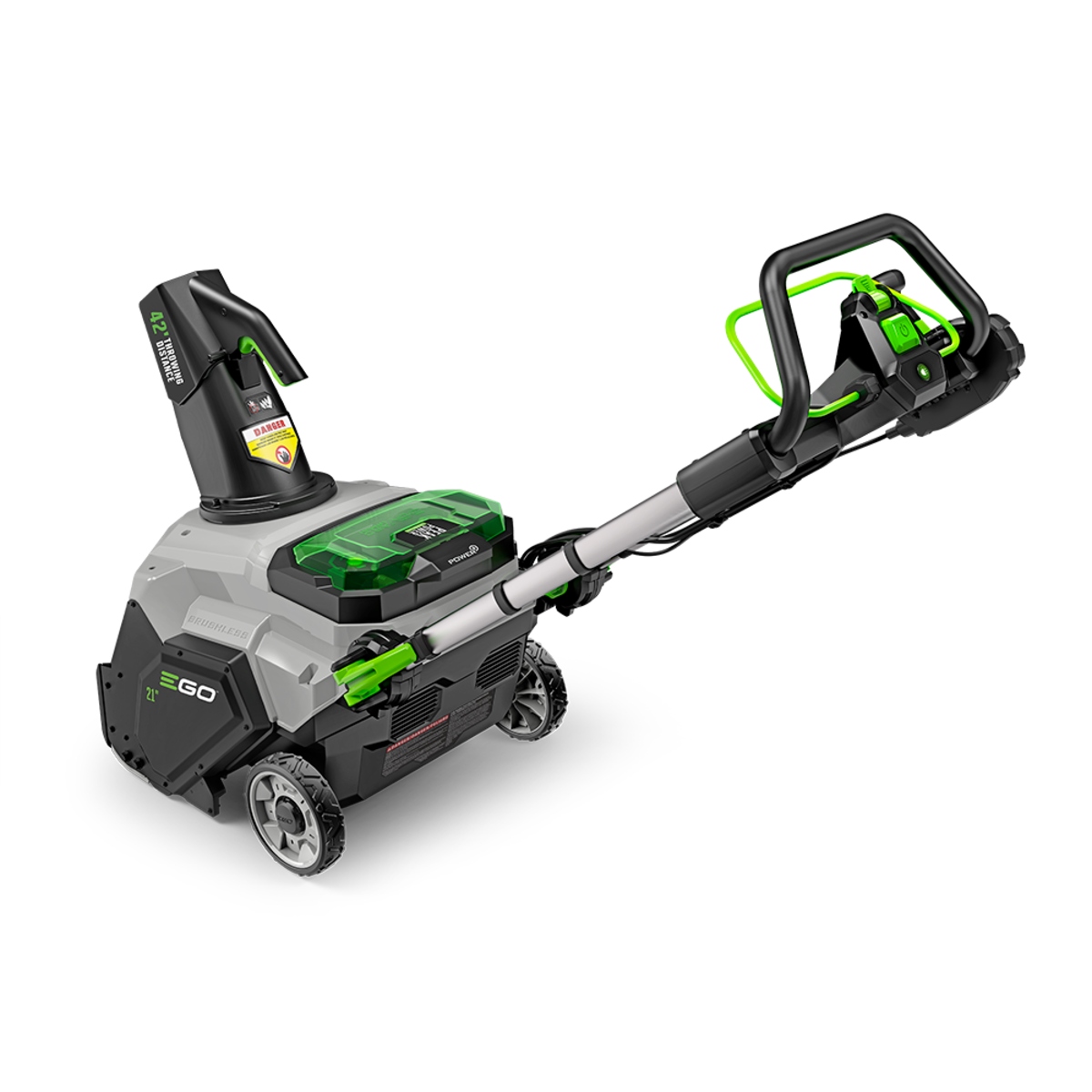 Rear three-quarter view of EGO POWER+ 21-inch snow blower showing the battery compartment, quick-fold handle and discharge chute.