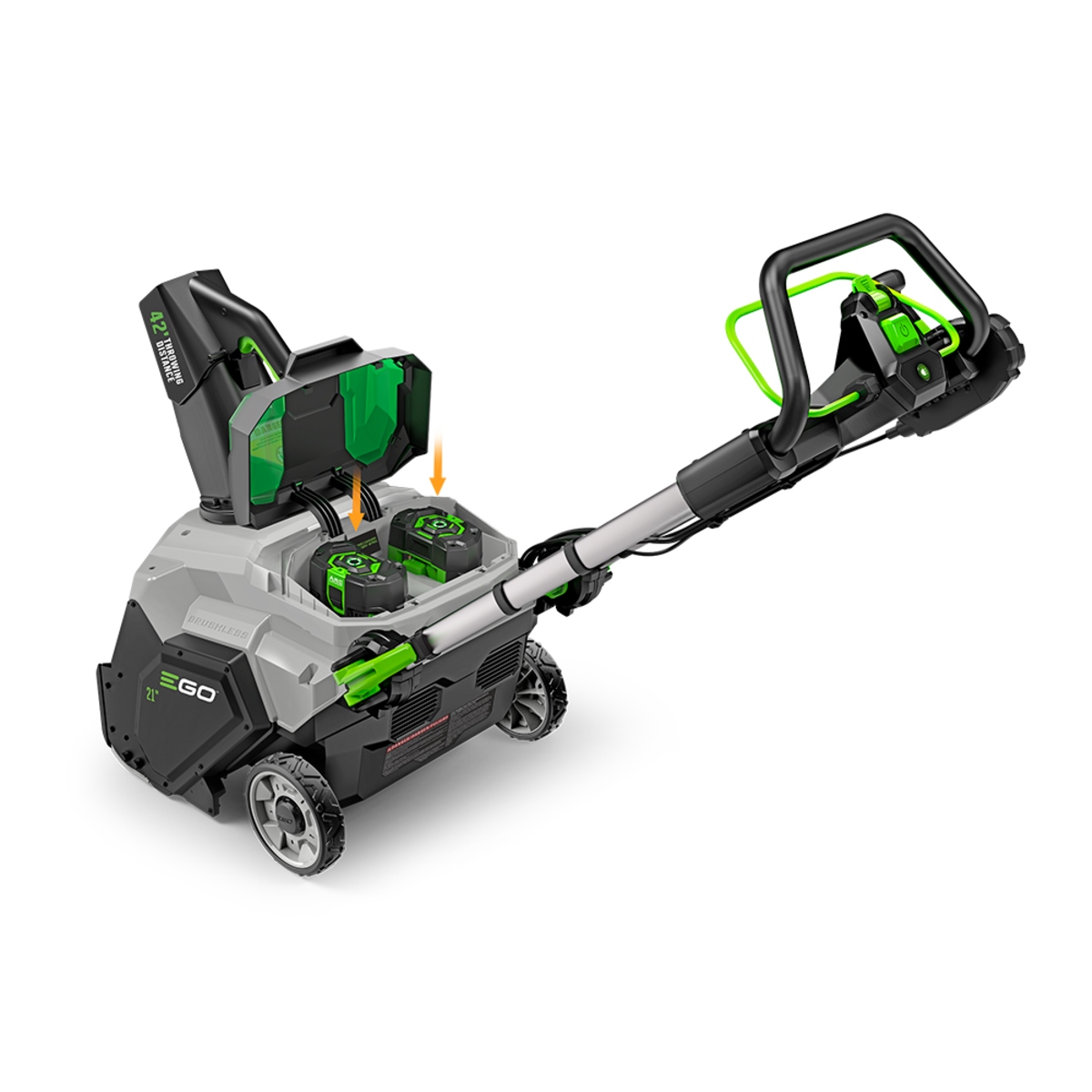 EGO POWER+ 21-inch snow blower with the battery compartment open, showing two ARC Lithium batteries installed.