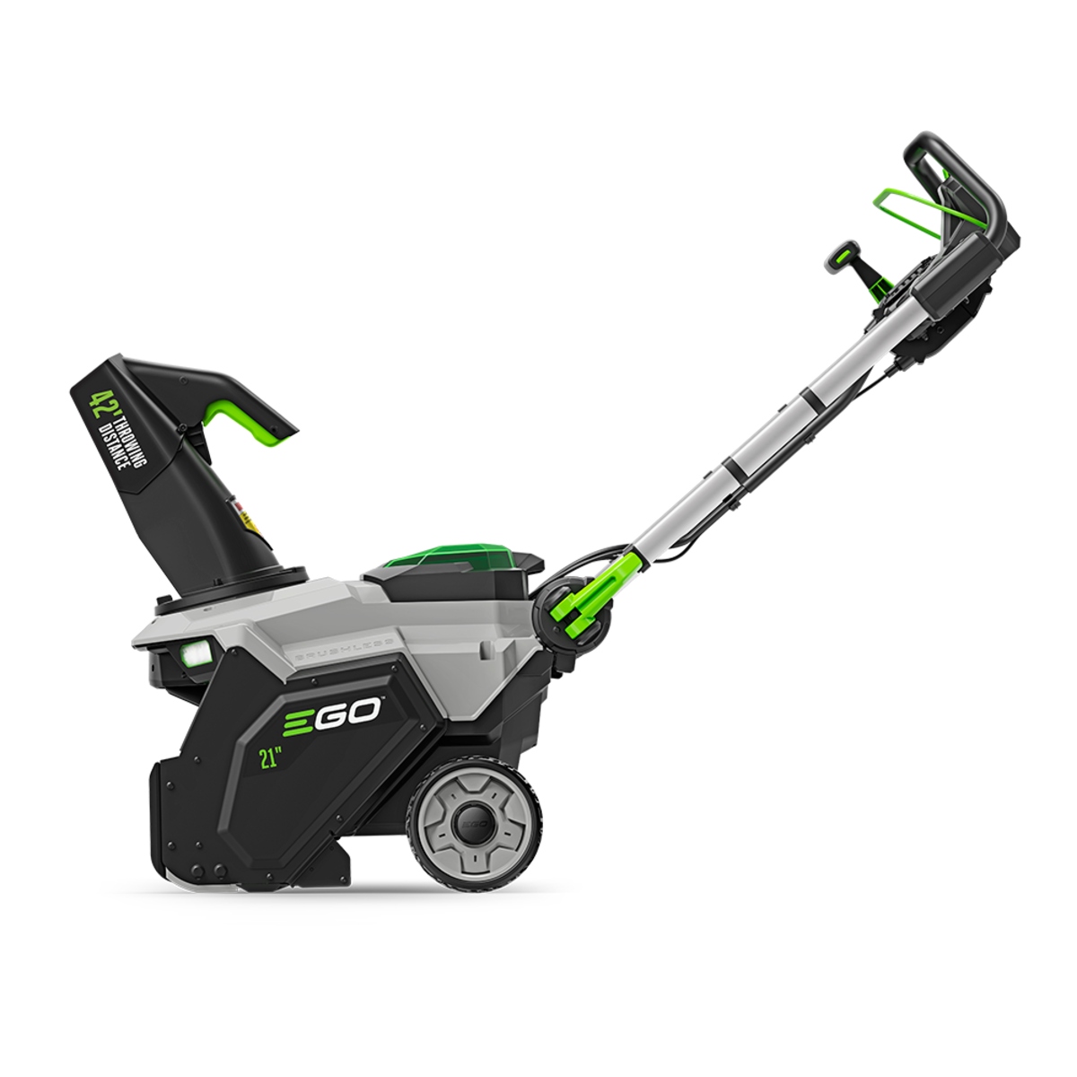 Side view of EGO POWER+ 21-inch single-stage snow blower with adjustable handle and discharge chute.