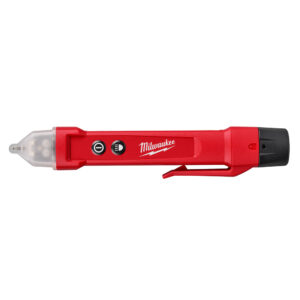 MILWAUKEE 3202-20 Non-Contact Voltage Detector with LED Work Light product image, showing side view with control buttons, belt clip and detection tip on a white background.