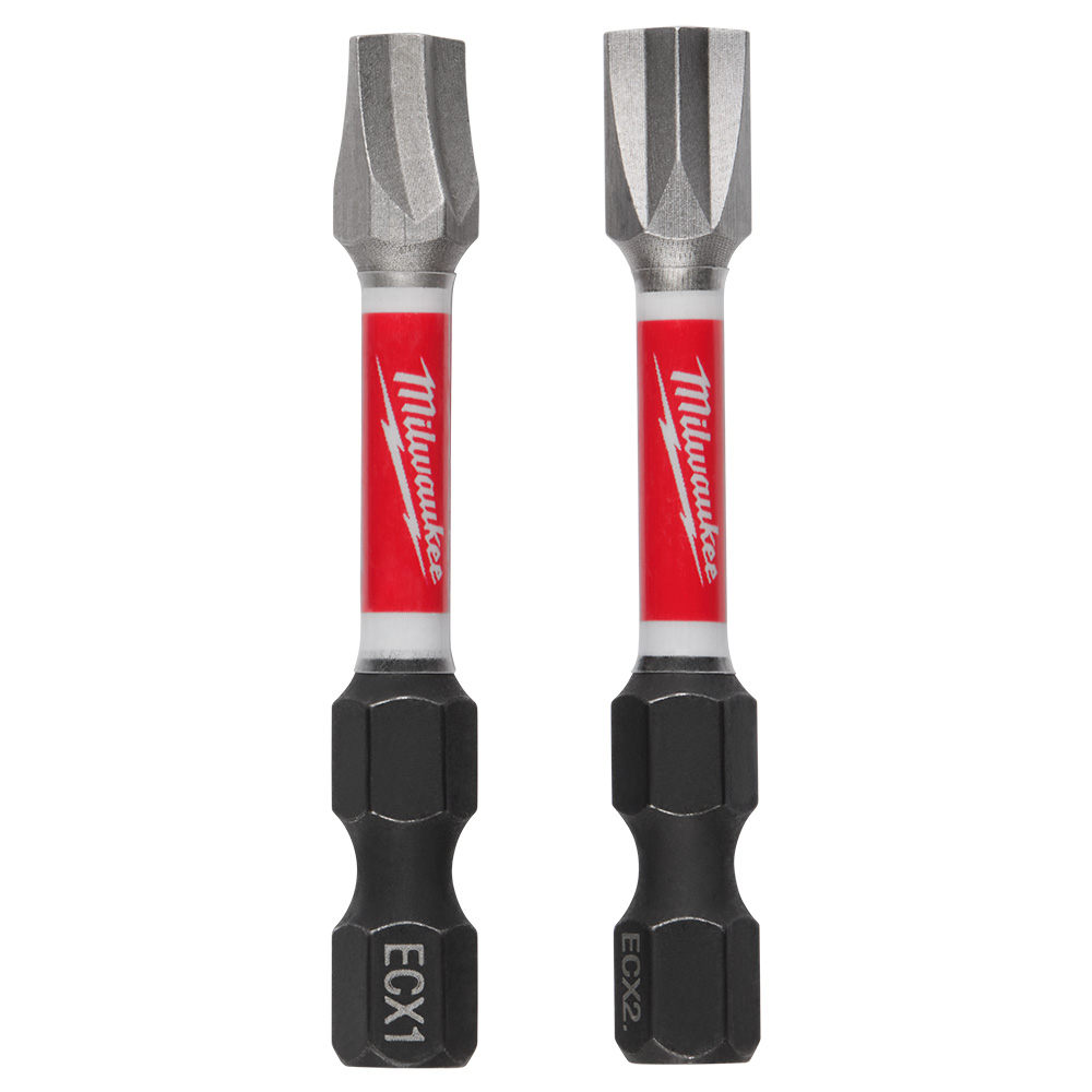 MILWAUKEE SHOCKWAVE 2 in. ECX #1 and #2 impact driver bits showing tip profiles and size markings on a white background.