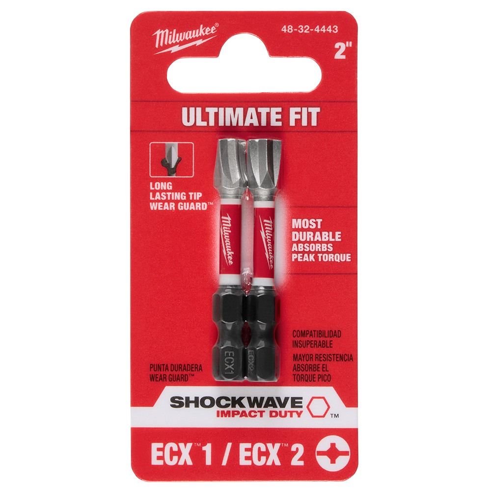 MILWAUKEE SHOCKWAVE Impact Duty 2 in. ECX #1 and #2 driver bits in red retail packaging.